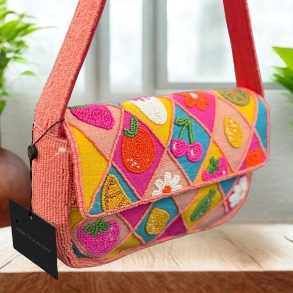 NWT - America & Beyond Beaded Daisy Cherry Summer Tropical Embellished Bag Purse - Picture 4 of 8